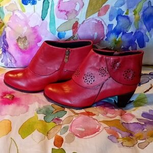 Red Women's Ankle Boots with Decorative Cutouts